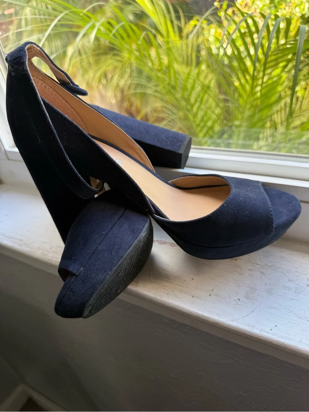Nine West Navy Suede Peep-Toe Chunky Heel Sandals